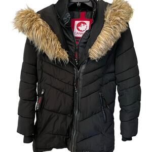 Canada Weather Gear Women's Black Hooded Fur Trimmed Long Coat Size Large